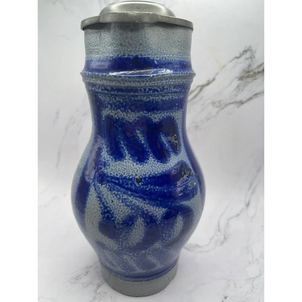 Vintage‎ Stoneware Salt Glazed Stein/Tankard Cobalt Blue w/Pewter Lid 8.5